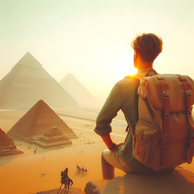 Photo real for Solo traveler at the Pyramids of Giza in Backpack traveling theme Full depth of fiel