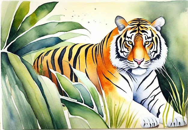 Photo Real watercolor tiger with forest Background