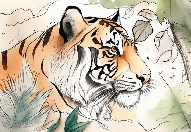 Photo Real watercolor tiger with forest Background