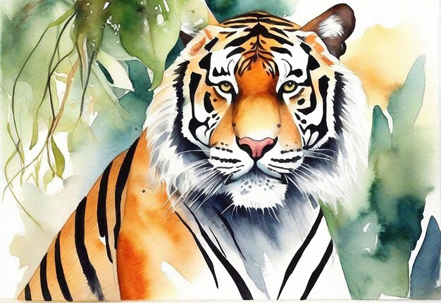 Photo Real watercolor tiger with forest Background