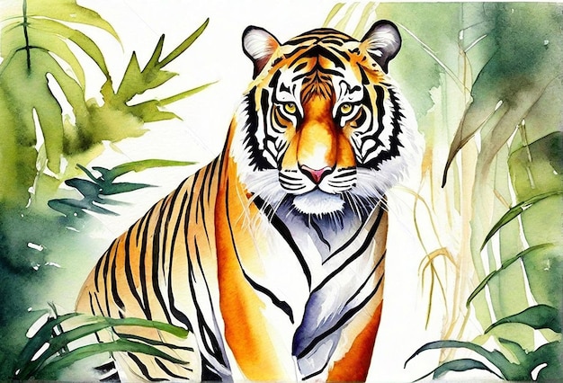 Photo Real watercolor tiger with forest Background