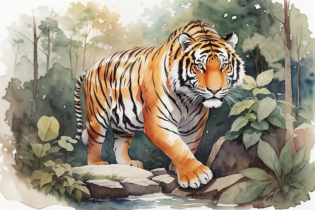 Photo Real watercolor tiger with forest Background