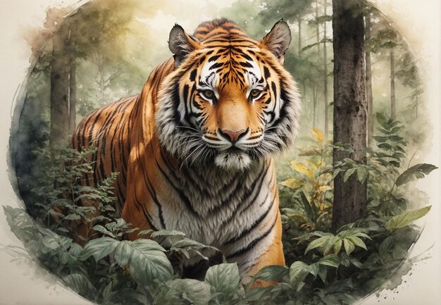 Photo Real watercolor tiger with forest Background