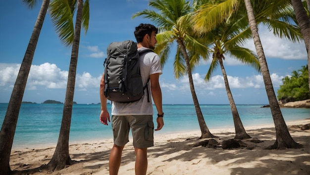 Фото реально с тематикой путешествия для Island Backpacking Concept как путешественник с рюкзаком, исследующий