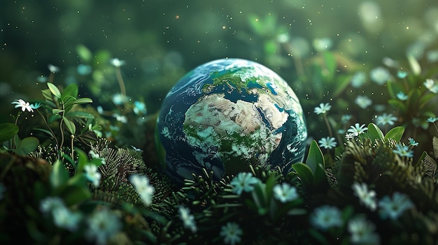 Photo a photo of a realistic 3d rendering of the earth sitting in a lush green forest with light shining t