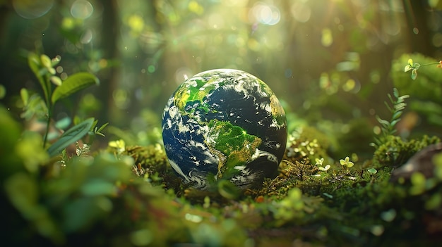 A photo of a realistic 3D rendering of the Earth sitting in a lush green forest with light shining t