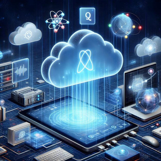 Photo realistic as Cloud computing with quantum computing integration and quantum symbols concept as