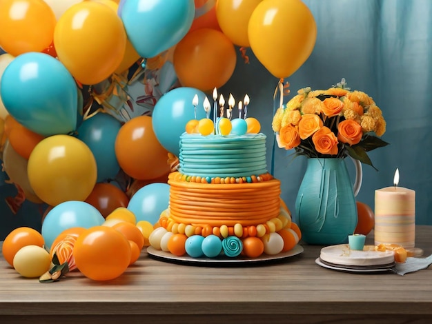 Photo photo realistic beautiful balloon bouquet made from orange yellow and turquoise balloons with a la