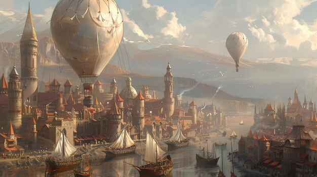 Photo realistic of A Cozy Steampunk style Hot air Balloon