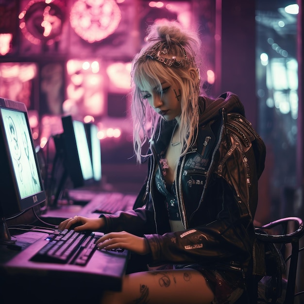 photo of a realistic cyberpunk hacker