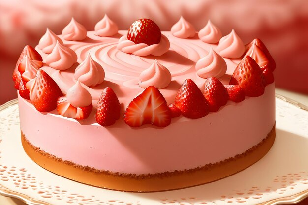 Photo photo realistic detail fraisier mousse cake strawberry cake with biscuit mousse and jelly summer