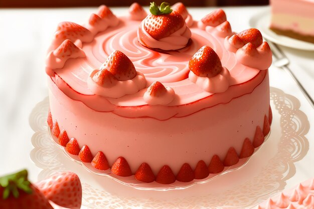 Photo photo realistic detail fraisier mousse cake strawberry cake with biscuit mousse and jelly summer