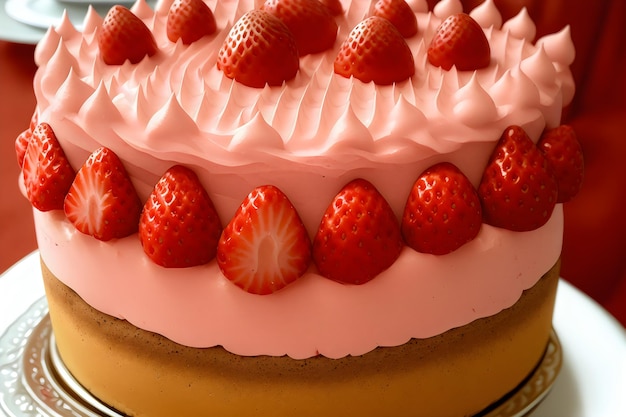 Photo realistic detail fraisier mousse cake strawberry cake with biscuit mousse and jelly summer