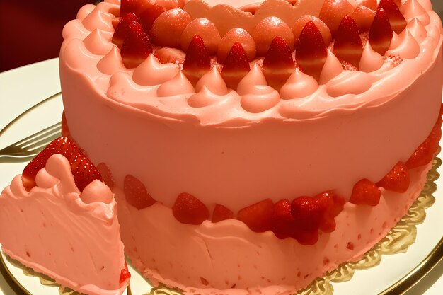 Photo photo realistic detail fraisier mousse cake strawberry cake with biscuit mousse and jelly summer