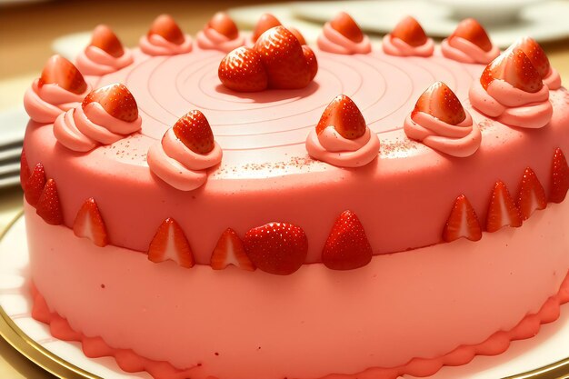 Photo photo realistic detail fraisier mousse cake strawberry cake with biscuit mousse and jelly summer