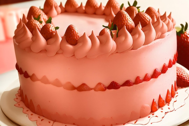 Photo photo realistic detail fraisier mousse cake strawberry cake with biscuit mousse and jelly summer