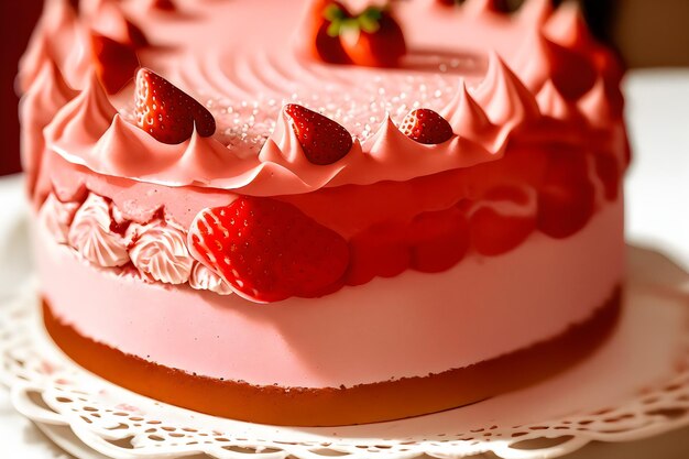 Photo photo realistic detail fraisier mousse cake strawberry cake with biscuit mousse and jelly summer