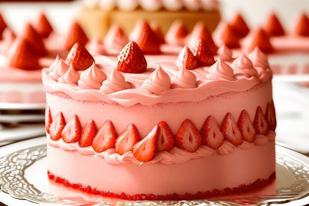 Photo realistic detail fraisier mousse cake strawberry cake with biscuit mousse and jelly summer