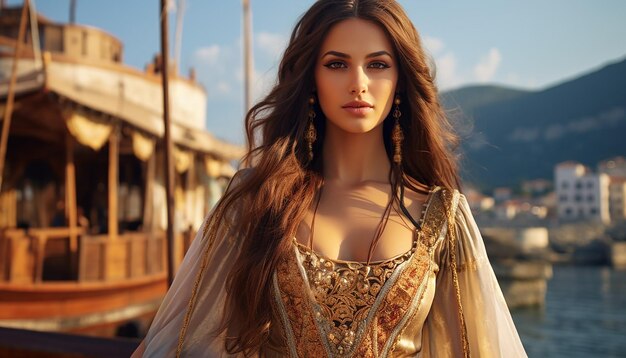 Photo realistic experience of a beautiful turkish woman wearing traditional turkish clothes