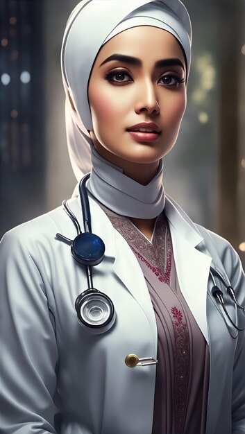 파키스탄의 경험이 풍부한 무슬림 여성 의사의 사진, 의사 의상을 입은 여성 의사, 현실적인 날카로운 초점, 4K 고해상도, 미치광이하게 상세한, 정교한, 우아한 AI, 생성 일러스트레이션