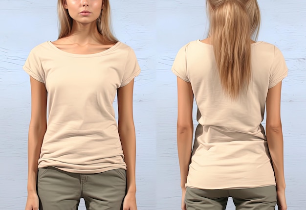 Photo photo realistic female beige tshirts with copy space front and back view