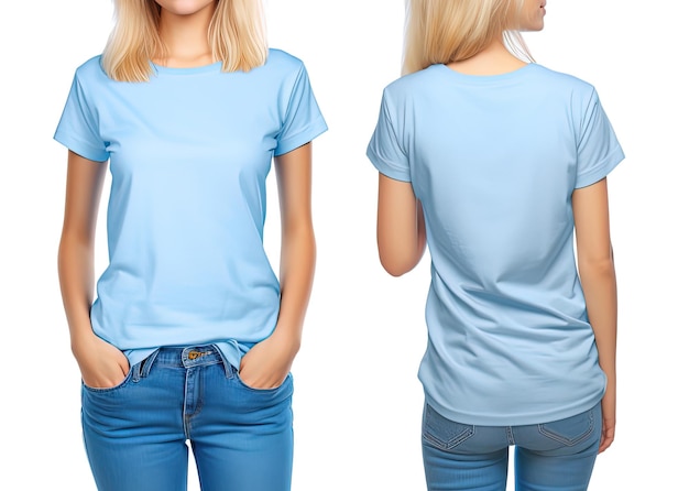 コピースペースの正面図と背面図を持つ写真のリアルな女性の青いTシャツ