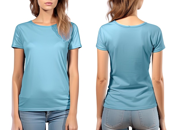 Photo realistic female blue tshirts with copy space front and back view