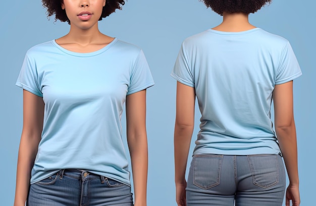 Photo photo realistic female blue tshirts with copy space front and back view