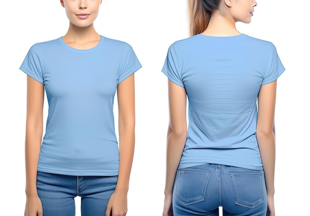 Photo realistic female blue tshirts with copy space front and back view