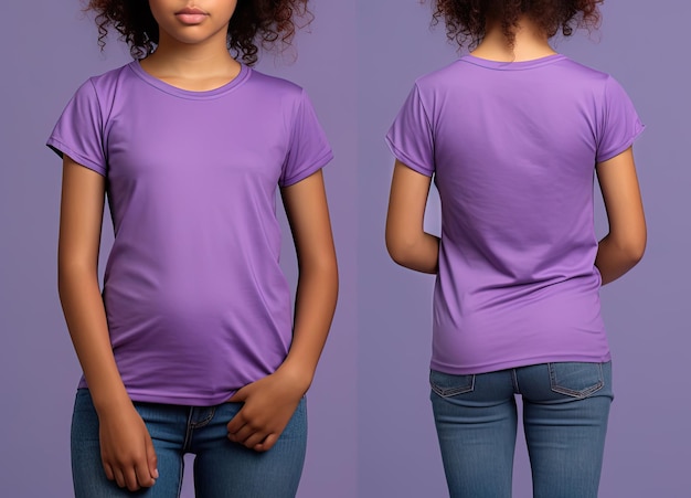 복사 공간 전면 및 후면 보기가 있는 사진 현실적인 여성 보라색 티셔츠