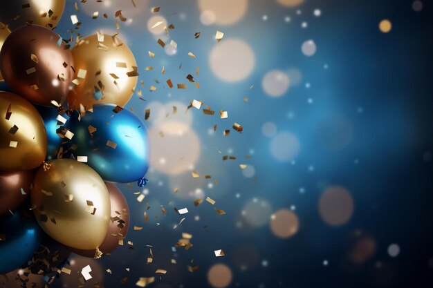 Photo realistic festive background with golden and blue balloons falling confetti blurry background