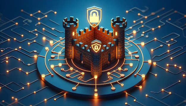 Фотореалистичная икона Firewall Fortress Эмблема крепости для непроницаемой сетевой обороны в кибер