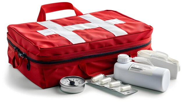 Photo photo realistic first aid kit isolated on white background for emergency care medical supplies in he