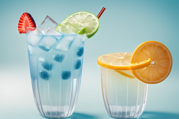 Photo realistic fresh fruit cocktails with fresh fruit slices ice cooling on blue drink juice cockt