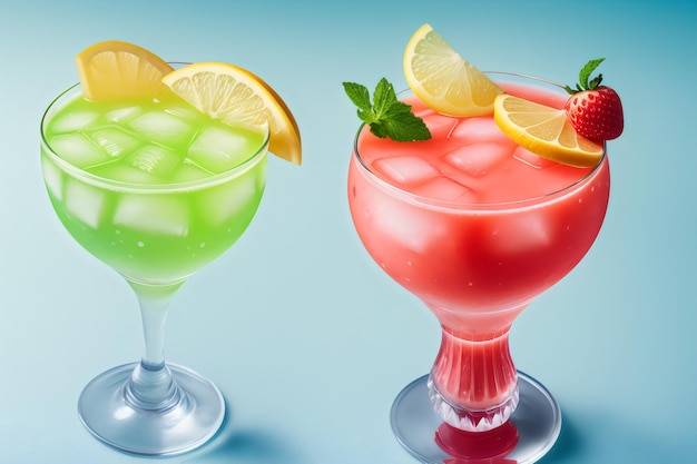 Foto foto cocktail di frutta fresca realistici con fette di frutta fresca raffreddamento del ghiaccio su cockt di succo di bevanda blu