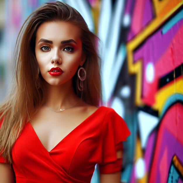 Photo a realistic girl wear a red dress ready for a pose