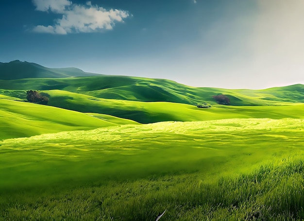 Photo realistic Illustration of green field grass hills landscape Graphic Art