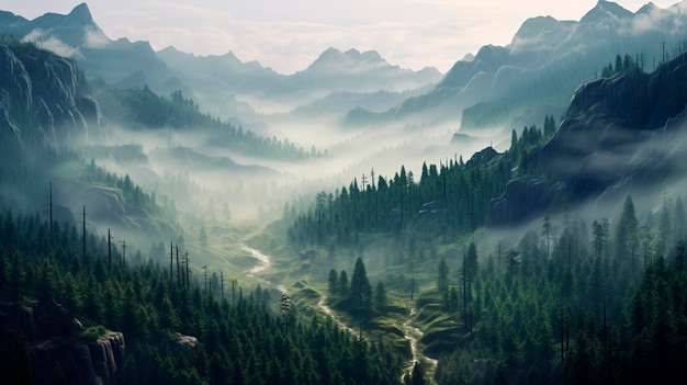 산, 숲, 안개, 아침, 신비주의, 생성 AI의 사실적인 사진 일러스트레이션