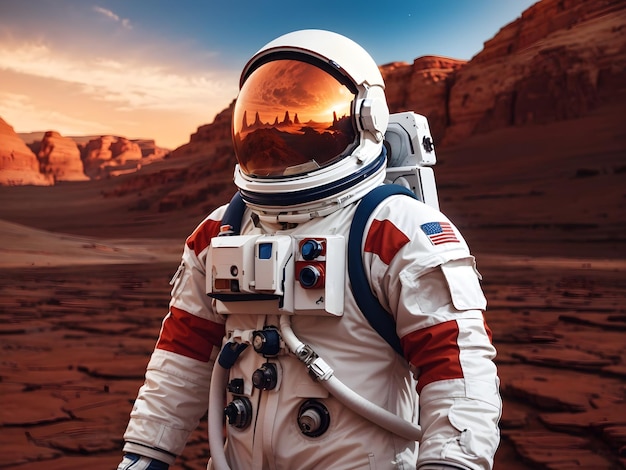 Photo realistic image of an astronaut standing on the surface of Mars