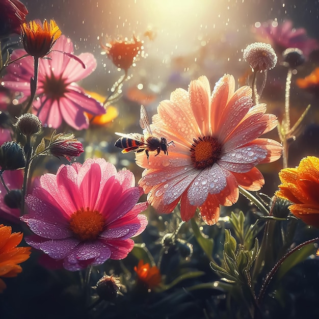 A photo realistic image of calendula and cosmos flowers