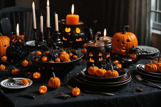 a photo realistic image of a Halloween themed table setting