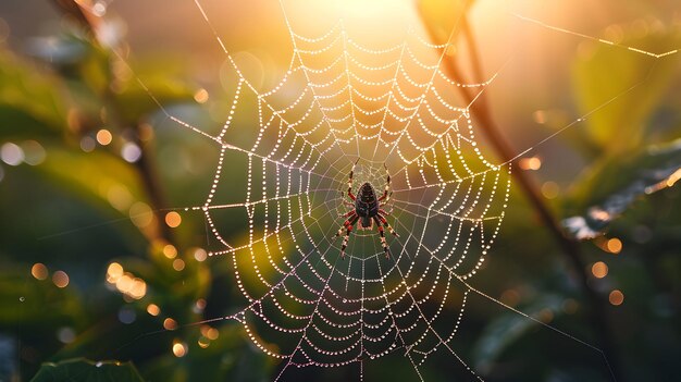 Photo realistic image of a spider meticulously weaving its web in the early morning dew showcasing