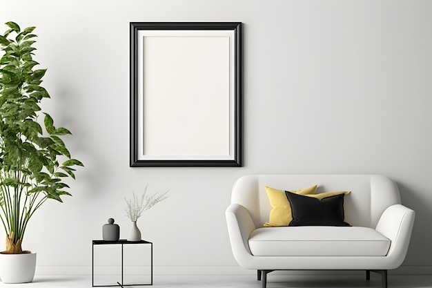 A photo realistic interior of a living room with blank picture frame mockup on the wall