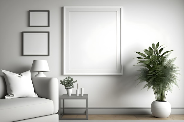 A photo realistic interior of a living room with blank picture frame mockup on the wall