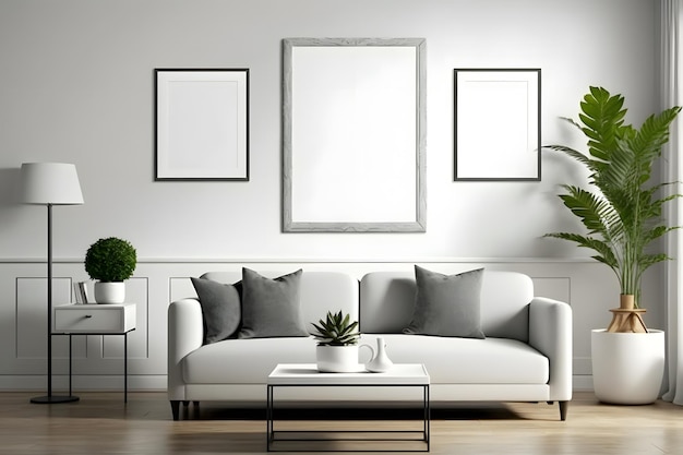 A photo realistic interior of a living room with blank picture frame mockup on the wall