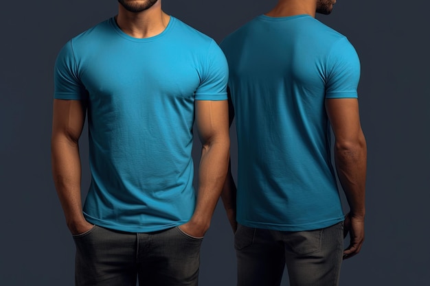 Photo realistic male blue tshirts with copy space front and back view