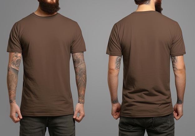 Photo realistic male brown tshirts with copy space front and back view