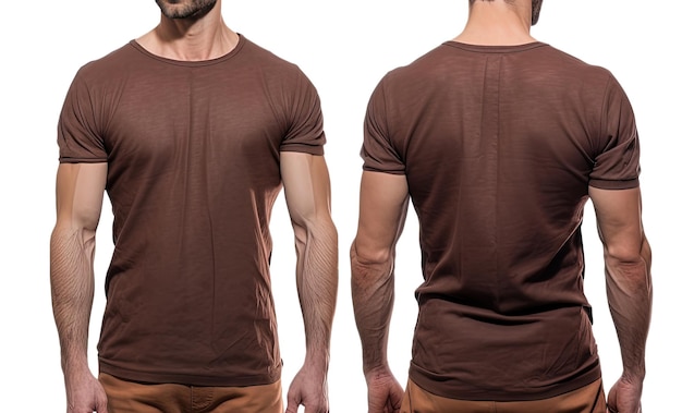 Photo realistic male brown tshirts with copy space front and back view