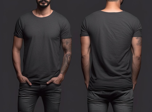 Photo realistic male grey tshirts with copy space front and back view