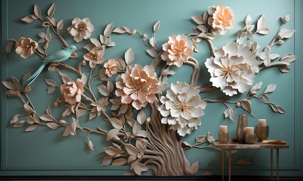 Photo realistic modern interior with floral wall art generative ai